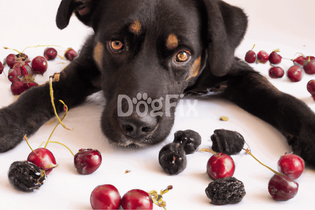 Cute dog lying among fresh cherries, pet health, dog care, and safety tips.