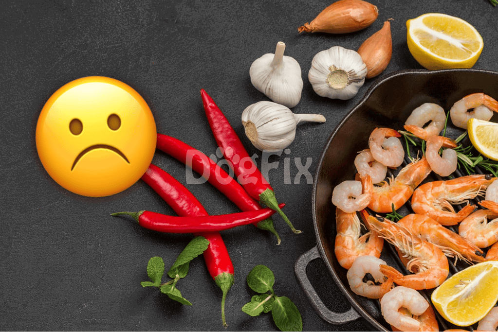 Alt text: Shrimp with garlic, lemon, chili peppers, and herbs on black surface.