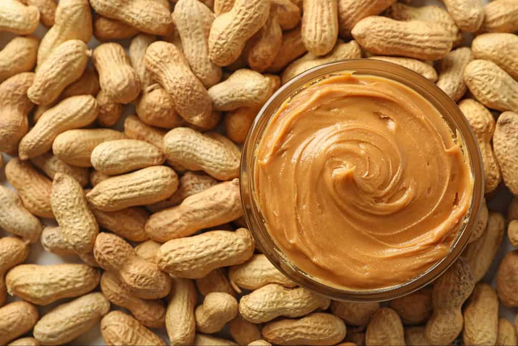 Delicious peanut butter spread over peanuts, perfect for dog treats and healthy snacks.