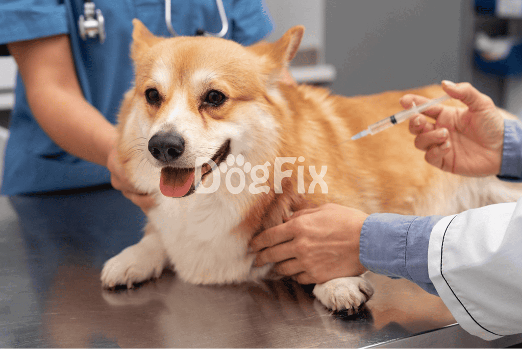 Dog receiving vaccination at clinic.