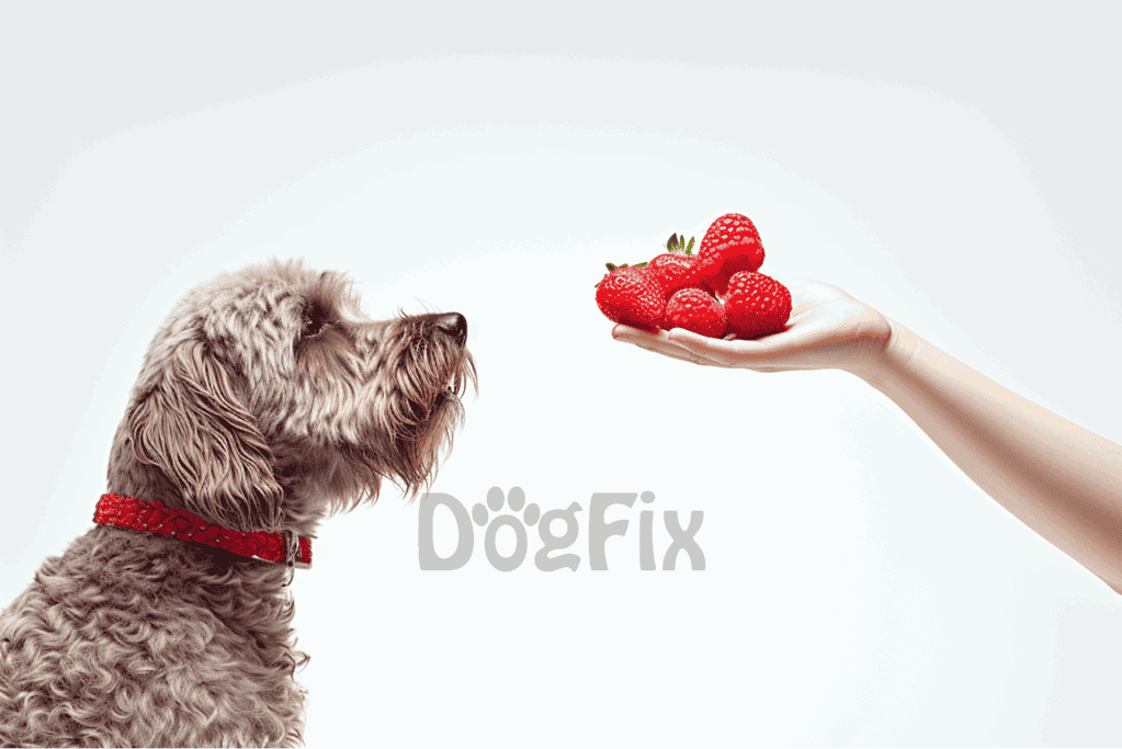 Alt text: Dog looking at a hand holding fresh strawberries, highlighting pet treats and healthy food for dogs.