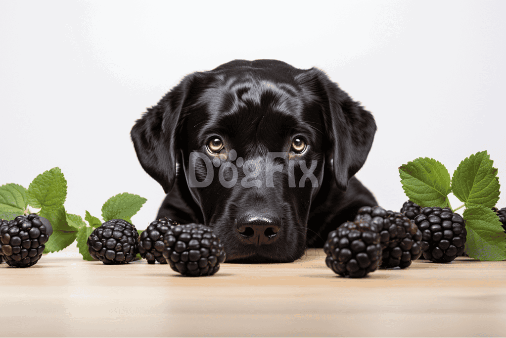Dog with fresh blackberries and green leaves on wooden surface.