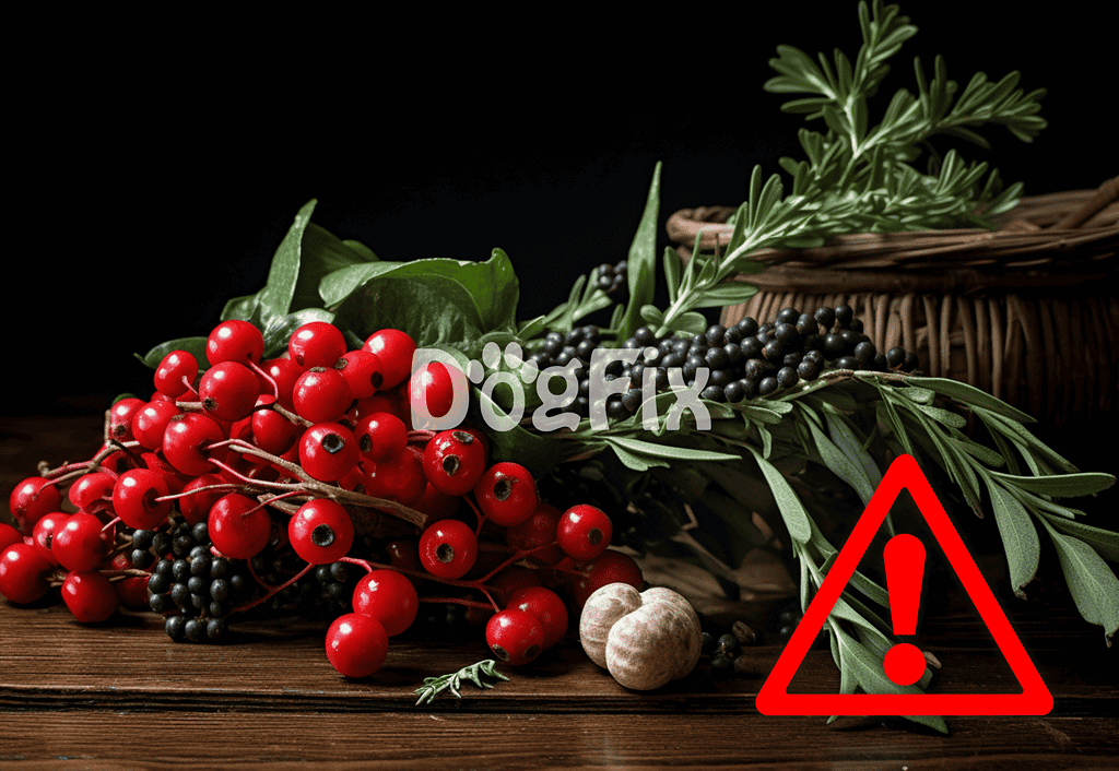 Warning: Berries that are toxic to dogs, such as red and black berries, shown in the image.