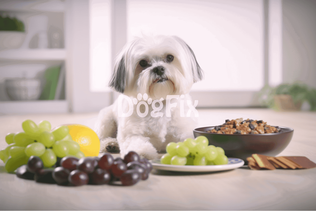 Cute small dog with fresh grapes, apple, and nutritious dog food in bright modern kitchen.
