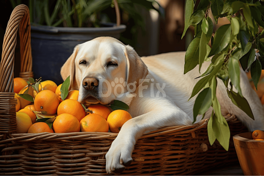 Labrador dog lying on a basket of fresh oranges, surrounded by lush greenery. Perfect for dog care and pet wellness themes.