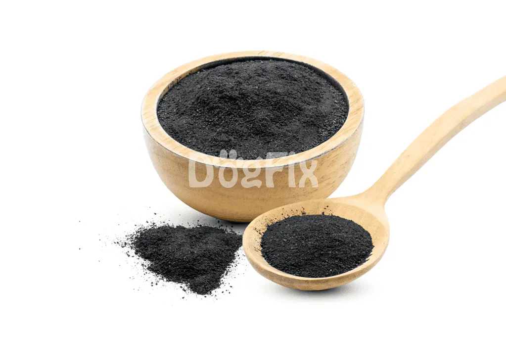 Natural charcoal powder for dog health and detoxification, safe for pet grooming and digestion.