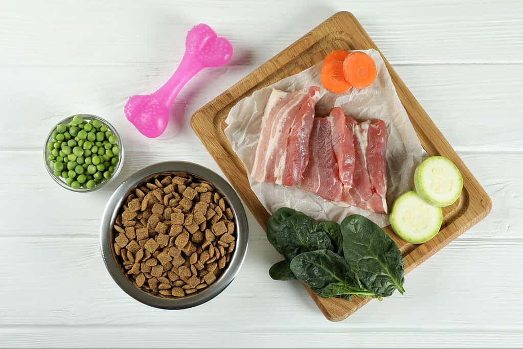 Dog food ingredients including meat, vegetables, and treats for dogs.