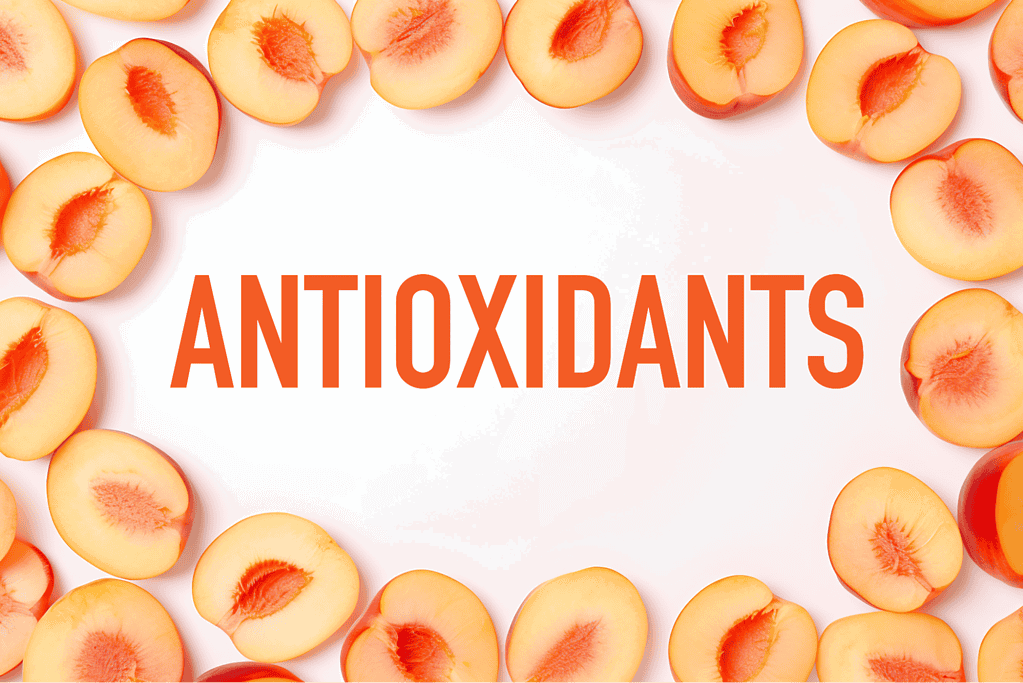 Fresh peach halves arranged in a circle, emphasizing antioxidants and nutritional value for healthy living.