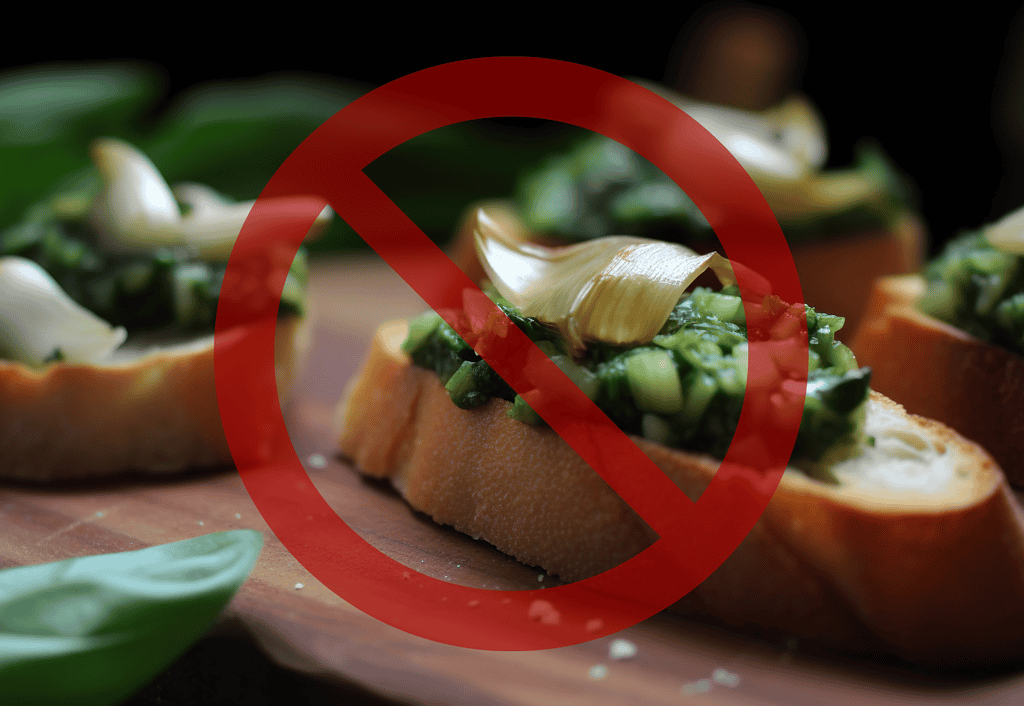 Close-up of a bruschetta with garlic, spinach, and cheese, crossed out for mold warning.