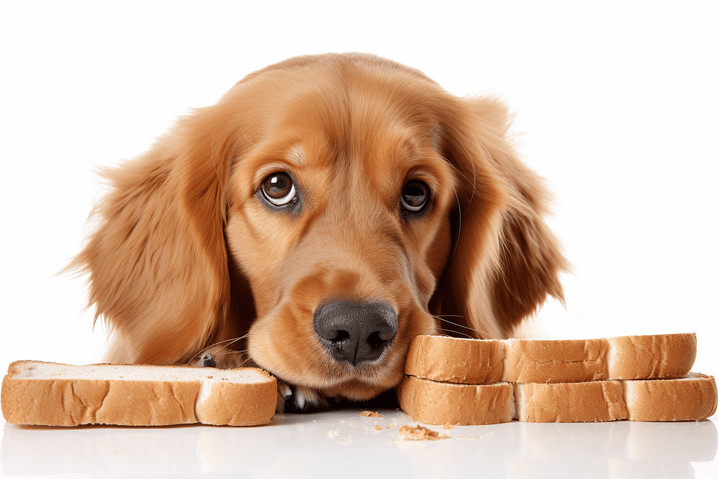 Adorable dog with bread slices.
