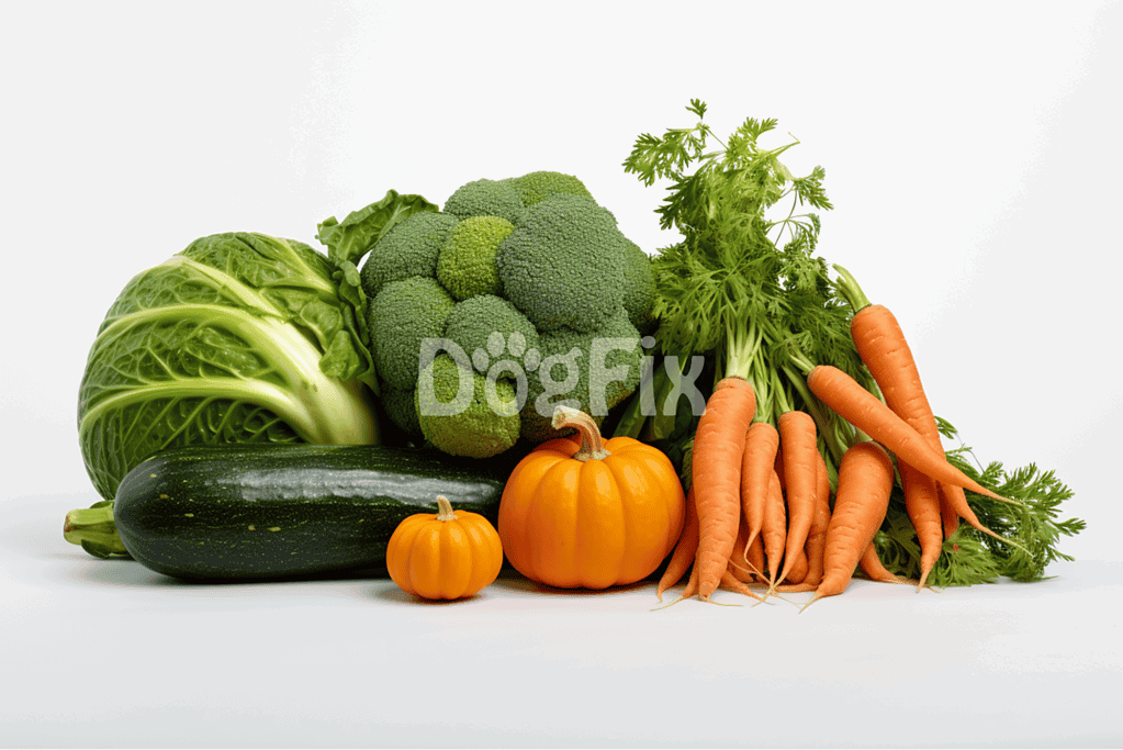 A variety of fresh vegetables including broccoli, carrots, zucchini, and greens, promoting healthy diet options for pets and owners alike.