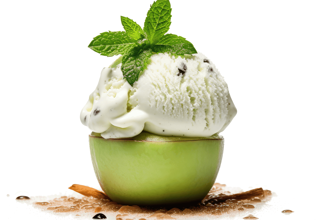 A close-up image of mint ice cream served inside a halved green apple, garnished with mint leaves, chocolate chips, and a clean white background.