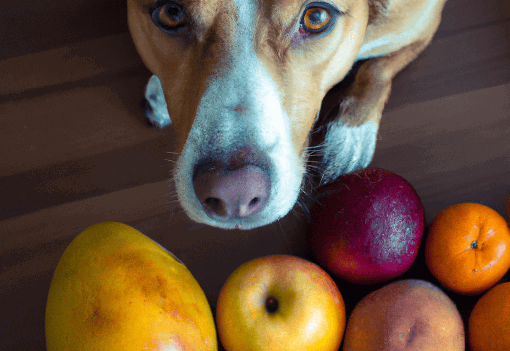 Close-up of a dog’s face with fresh apples and oranges on a wooden surface.