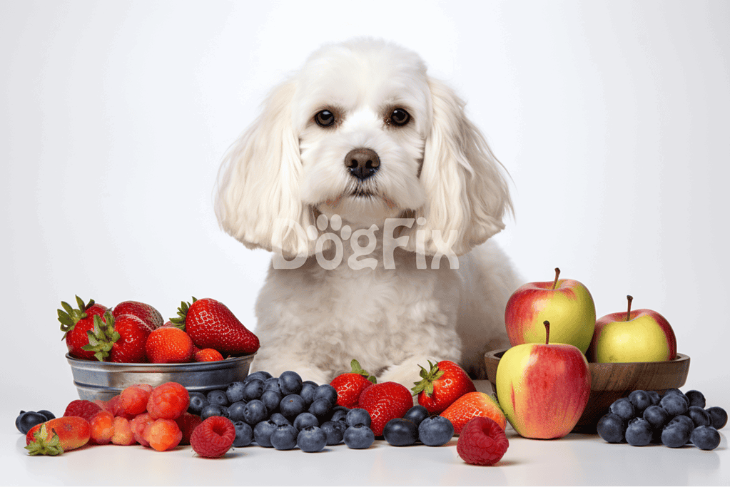 Adorable white dog sitting among strawberries, blueberries, raspberries, and apples on a white background.