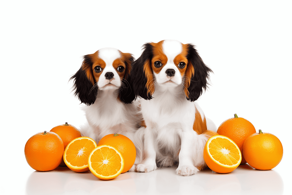 Dogs with oranges.
