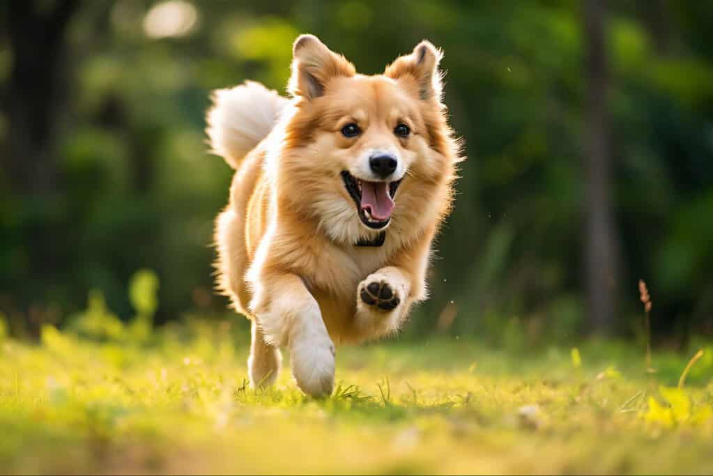 Playful dog running fast in a green field with trees in the background.