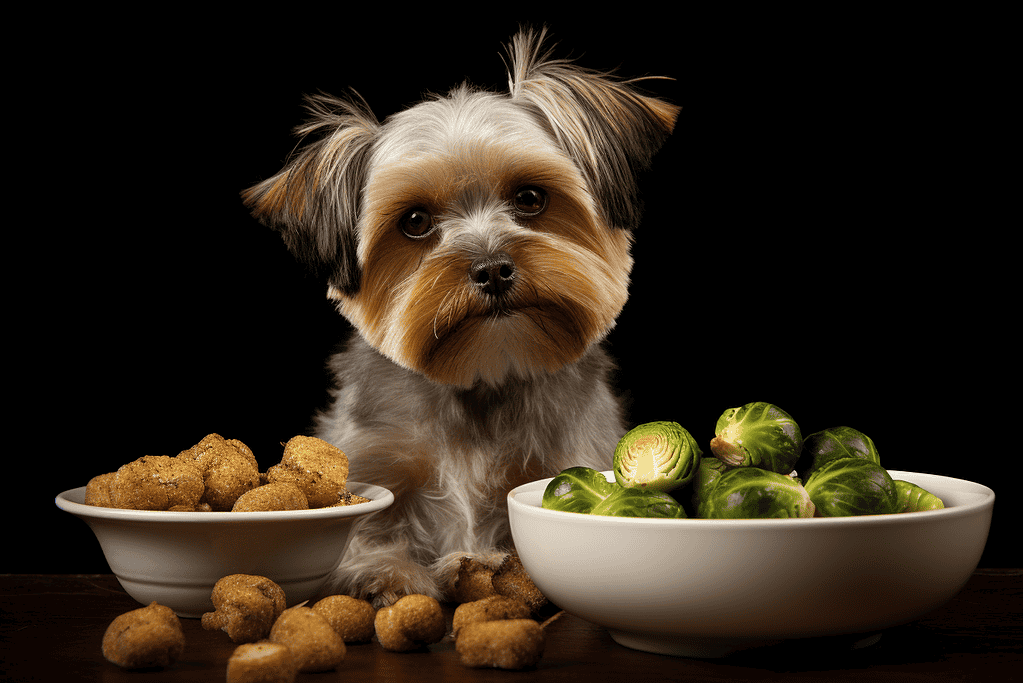 Cute small dog with bowls of Brussels sprouts and chicken nuggets, promoting healthy canine nutrition.