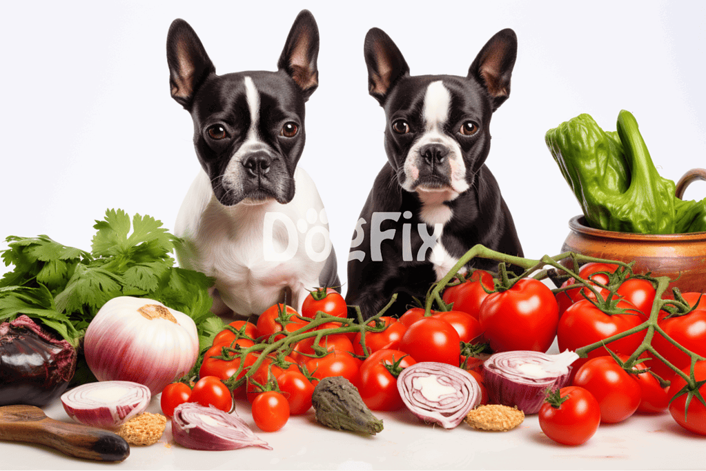 Adorable Boston Terriers next to fresh vegetables and tomatoes, emphasizing nutritious, vet-recommended dog food.