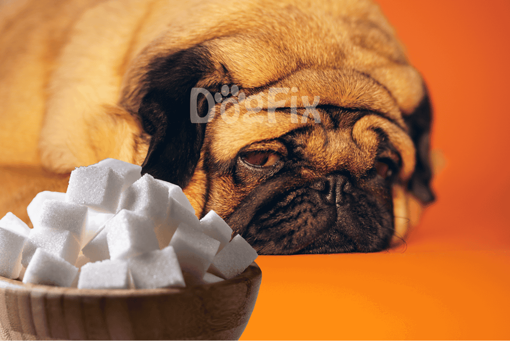 Close-up of a sleepy bulldog lying next to a bowl of sugar cubes on a vibrant orange background.
