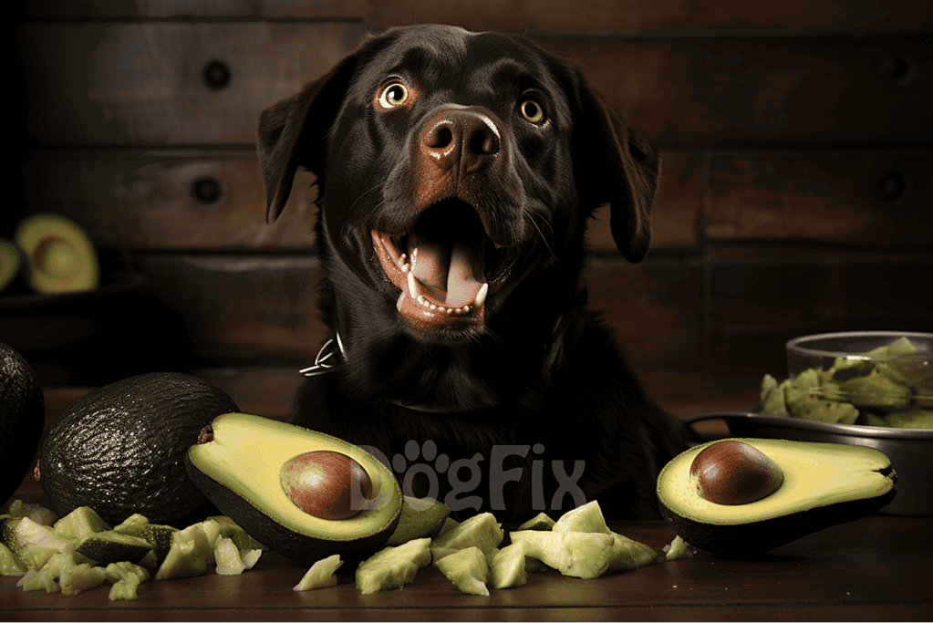 Happy black dog surrounded by fresh avocados and chopped zucchini.