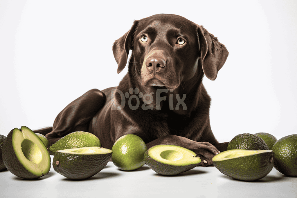 Happy Labrador with avocados for a healthy dog diet.
