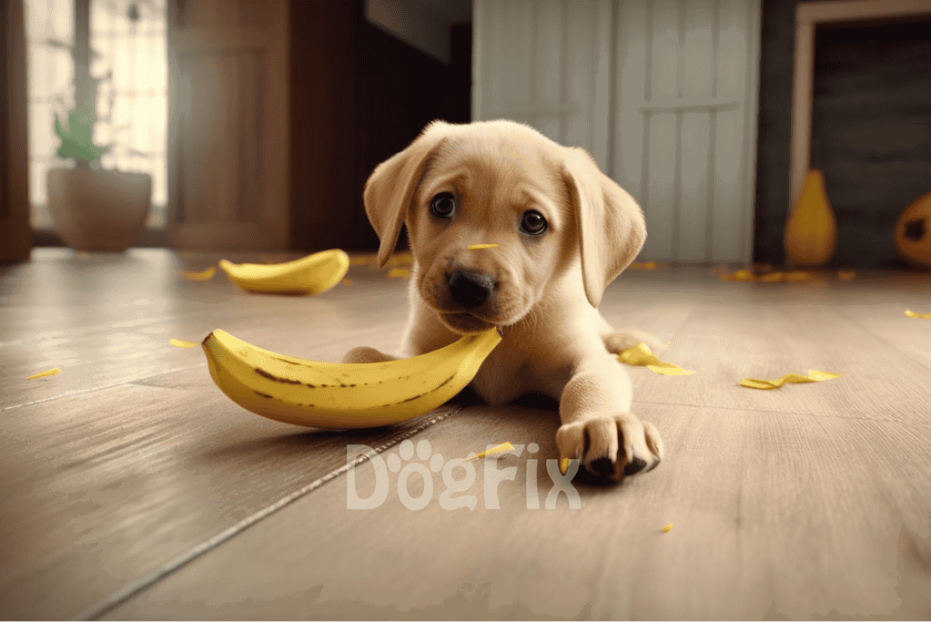 Adorable Labrador puppy lying with banana and banana peel scattered around, inside cozy home.