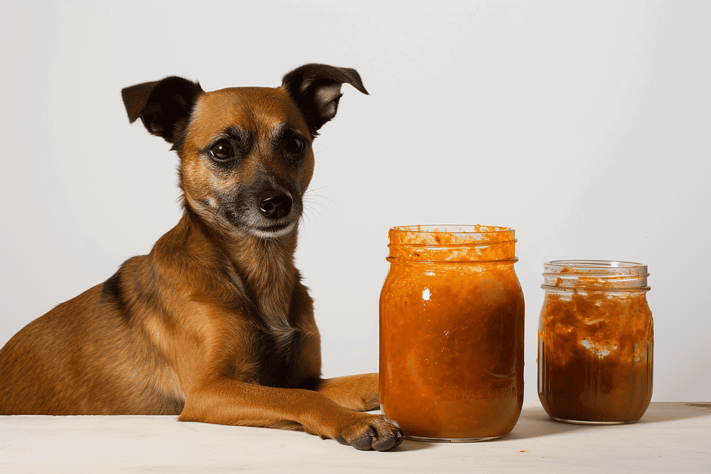 Dog with jars of fresh homemade dog food, high-quality natural ingredients for pet nutrition.