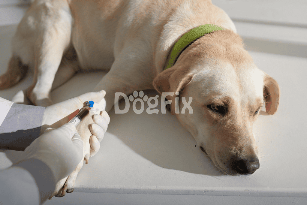 Dog getting vaccinated by veterinarian with syringe.