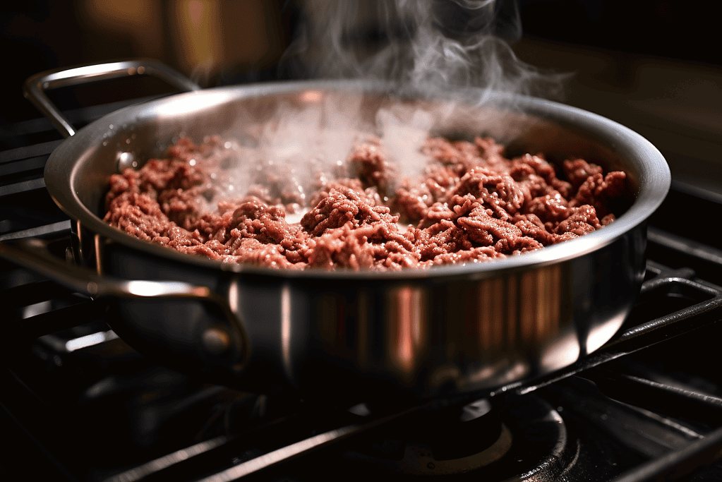 A steaming skillet of fresh cooked ground beef for dog food.