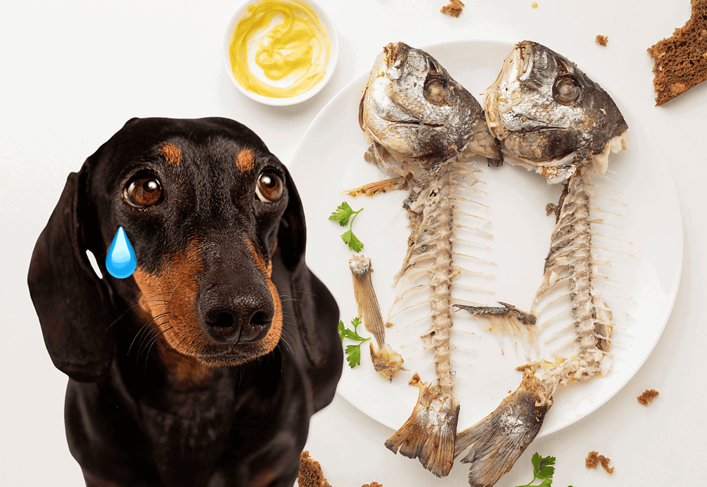 Dog with a sad emoji looking at fish bones, highlighting health risks of fish bones for dogs.