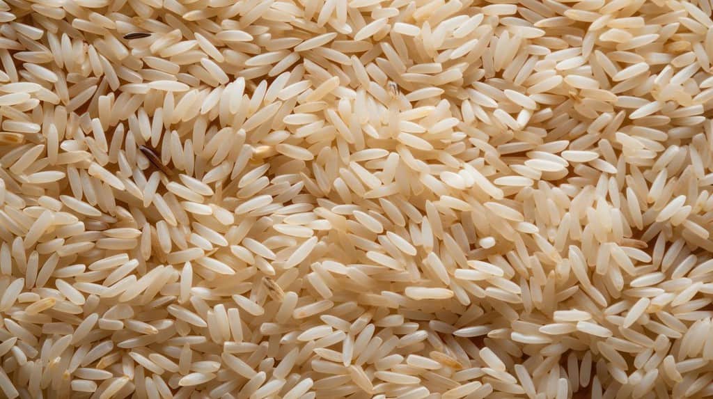 Close-up of uncooked long grain rice, beige color, detailed texture.