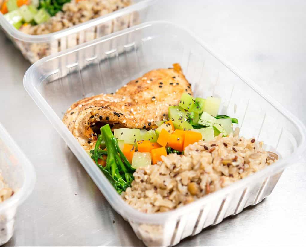 Dog food meal with grilled chicken, mixed vegetables, and rice in a clear plastic container for pets.