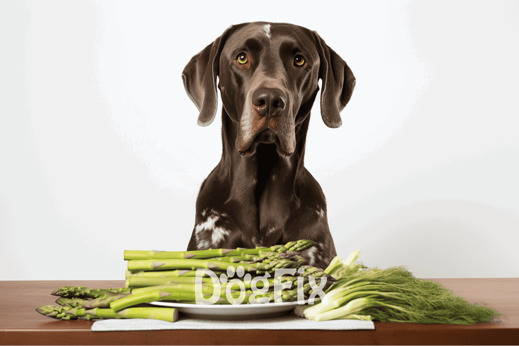 Dog with asparagus and greens, healthy dog diet, nutritious meal for pets, fresh vegetables for dogs.