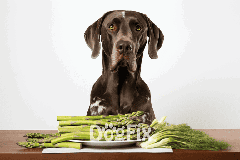 Dog with asparagus and greens, healthy dog diet, nutritious meal for pets, fresh vegetables for dogs.