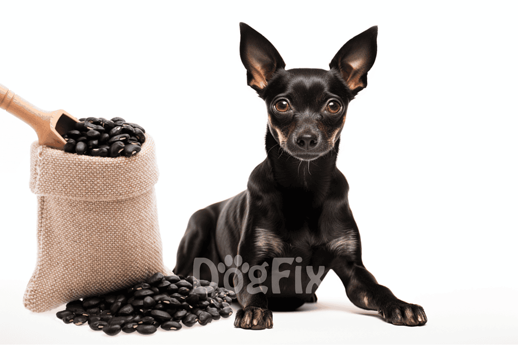 Dog with treat bag and black beans, pet nutrition, healthy snacks, dog care, pet food.