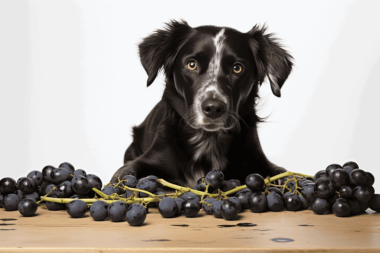 Cute black and white dog with grapes on wooden table, pet safety imagery.