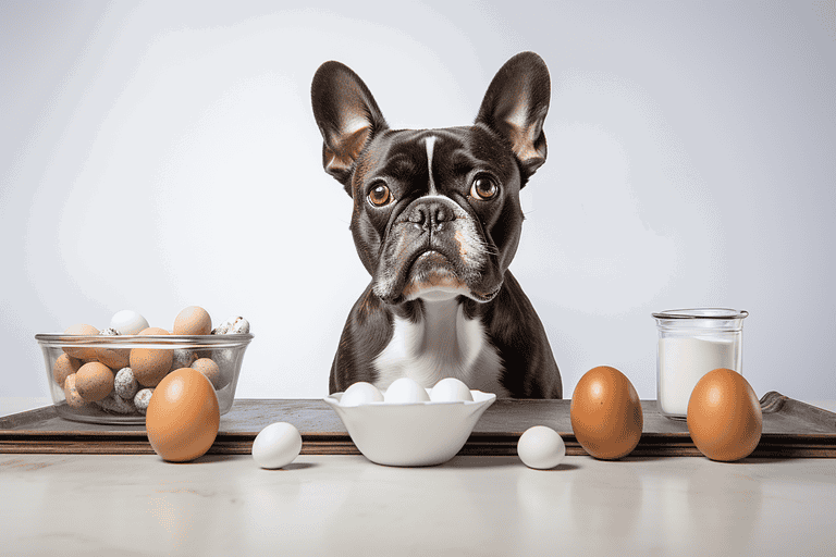 Eggs, milk, and eggshells arranged on table with French Bulldog, healthy pet nutrition ingredients.