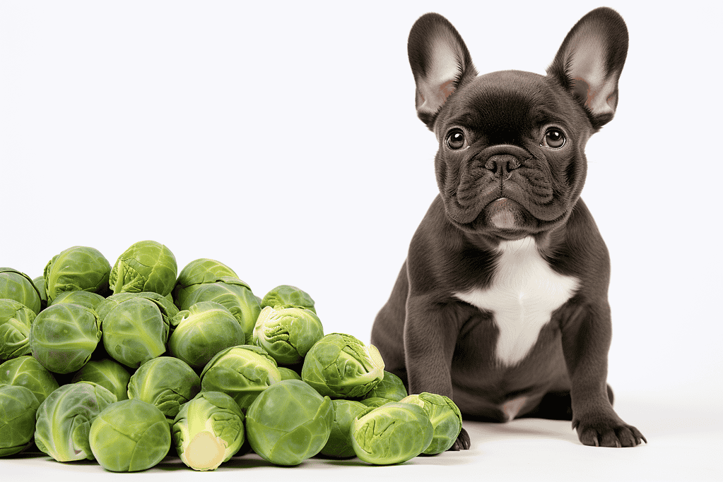Adorable French Bulldog puppy sitting beside fresh Brussels sprouts on a white background.
