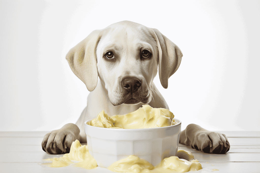 Adorable dog with a bowl of creamy dog food, ready for mealtime, from Dogfix.com.