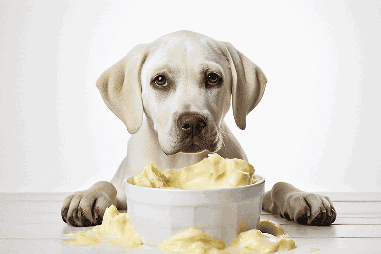 Adorable dog with a bowl of creamy dog food, ready for mealtime, from Dogfix.com.