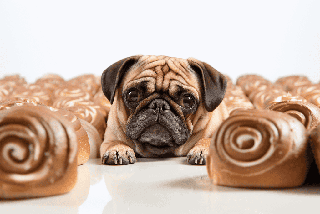 Adorable pug dog surrounded by cinnamon rolls, perfect for pet and bakery website SEO.