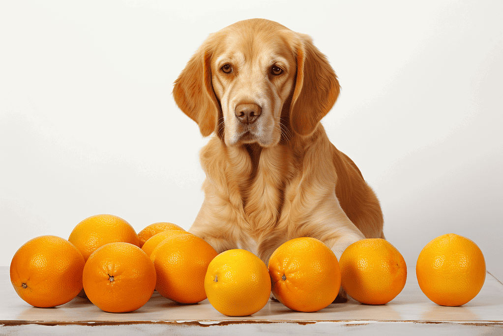 Golden retriever sitting beside oranges, promoting healthy dog diet, pet nutrition tips, fresh fruit for canine health.