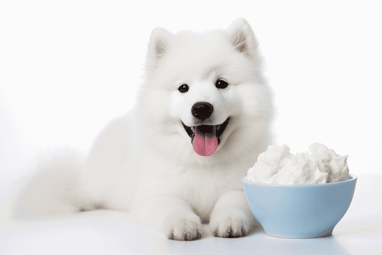 Adorable Samoyed puppy with fluffy white fur and happy expression sitting next to a bowl of ice cream.