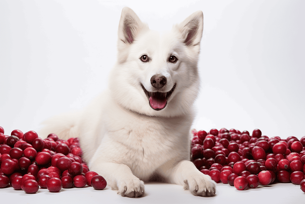 Bright white dog with a happy expression surrounded by fresh cranberries.