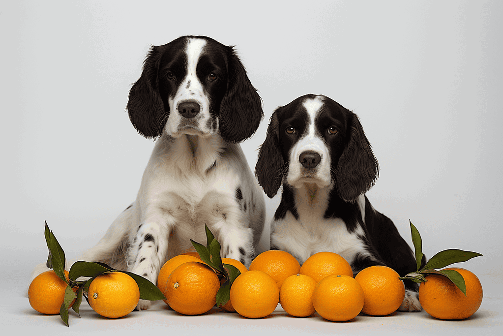 Cute English Springer Spaniel puppies with oranges.