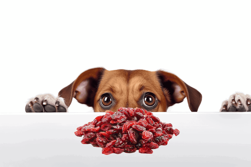Dog with dried cranberries and healthy snacks.
