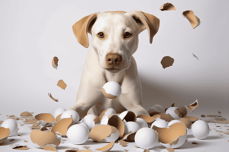 Adorable puppy surrounded by broken eggs, capturing playful and lively moments for pet lovers.