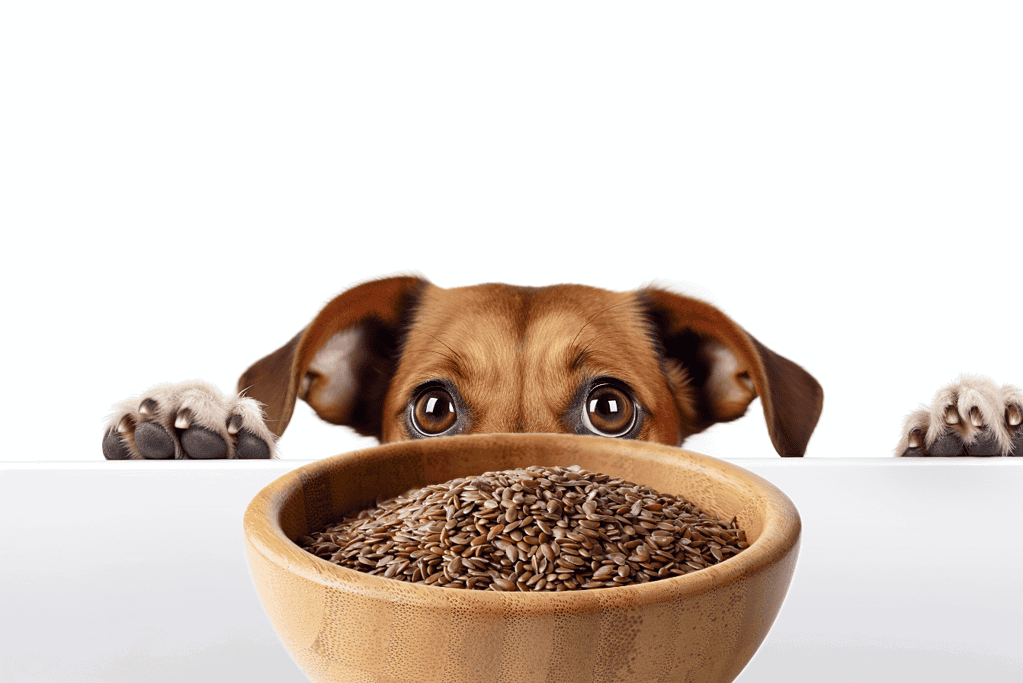 Baby puppy peering over table with bowl of flax seeds, looking curious and eager to eat.