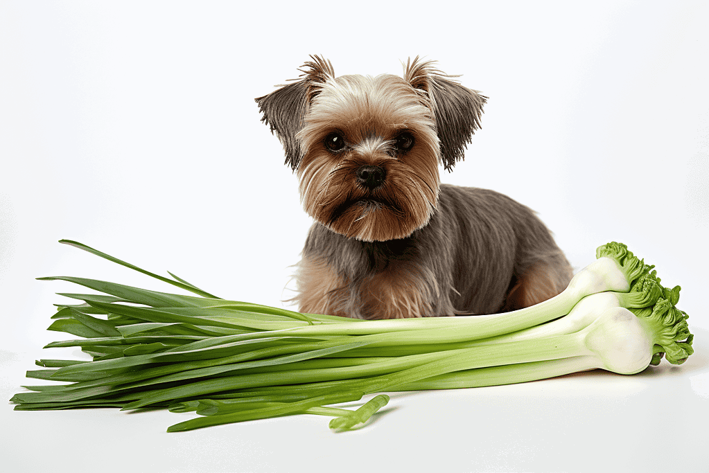 Cute dog with fresh green onions on a white background.