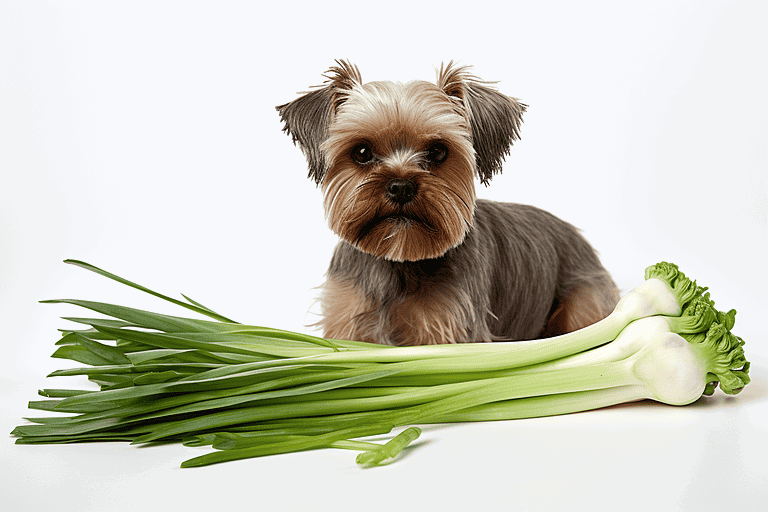 Cute dog with fresh green onions on a white background.